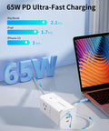 Six In One Power Strip With Surge Protection Three AC Outlets Two USB C Ports 65W Fast Charging And One USB A 18W MacBook Compatible Five Foot