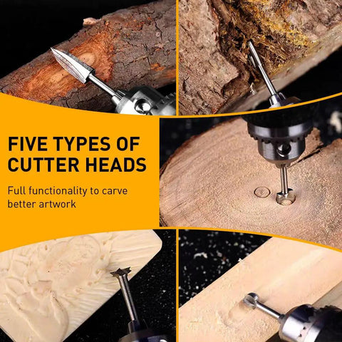Heavy Duty Wood Carving Drill Bits Set Compatible With Dremel Rotary Tools Five Piece Engraving Kit With Three Millimeter Shank showing five cutter heads on wood.