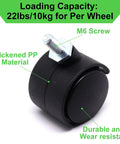 Close-up of black 1 Inch Stem Swivel Casters Set Of 4 with M6 threaded stem, highlighting thickened PP material and 10kg load capacity.