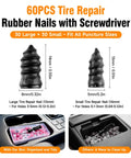 All In One Screw Type Tire Repair Kit With 60 Durable Plugs And Screwdriver, large and small rubber nails dimensions shown