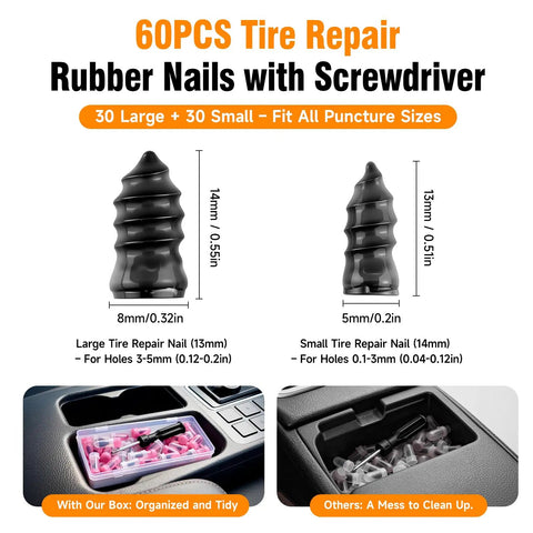 All In One Screw Type Tire Repair Kit With 60 Durable Plugs And Screwdriver, large and small rubber nails dimensions shown