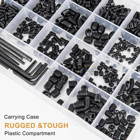 Screw Assortment Kit With Hex Drive Cup Point Grub Screws 1145-Piece SAE And Metric Set Includes Custom Hex Keys And Tweezers For Home Repairs, DIY Projects, And Handy Fixes, organized case