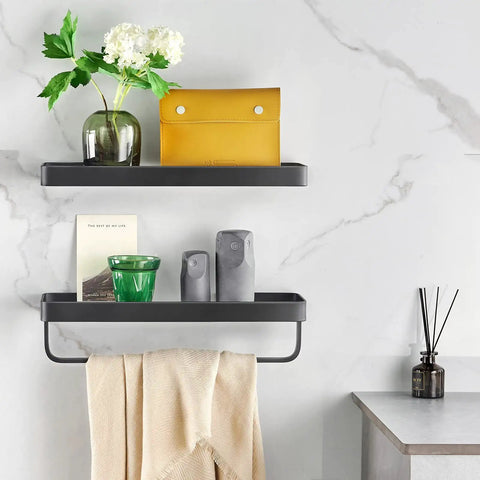 Two Tier Wall Mounted Glass Bathroom Shelves With Floating Tempered Glass Design Rustproof Black Finish Easy Install Durable Bathroom Organizer For Towels Toiletries And Essentials Boss Level Storage decorated with vase and toiletries
