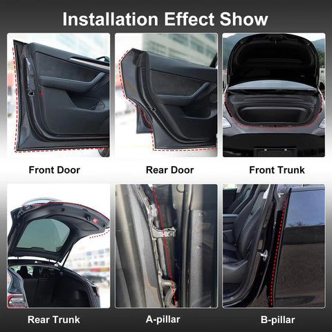 Tesla Model Y Weather Stripping Kit Self Adhesive Door Seal Rubber Weatherstrip installation effect on doors and trunk