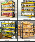 Rock Solid 4 Tier Storage Rack Heavy Duty Black Steel Welded Shelves Handles 400 Pounds Per Level Height Adjustable Boltless Construction in supermarket display.