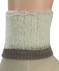 Close-up of cuff detail on Merino Wool Hiking Socks With Cushioned Arch Support, Moisture Wicking, Tan Color, Extra Large, Seamless Toe, Reinforced Nylon.