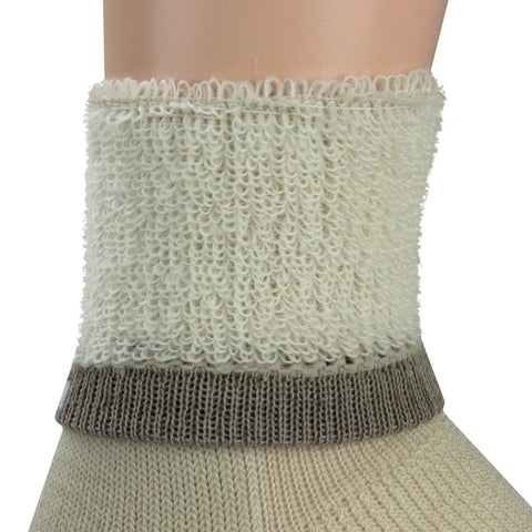 Close-up of cuff detail on Merino Wool Hiking Socks With Cushioned Arch Support, Moisture Wicking, Tan Color, Extra Large, Seamless Toe, Reinforced Nylon.