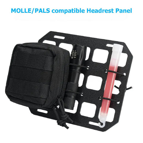 Beefy Car Headrest MOLLE Panel Organizer with pouch and gear secured on black panel