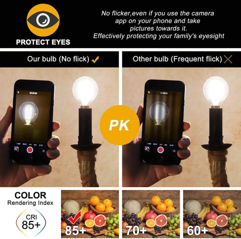 Dimmable LED Bulb E12 Candelabra, 6W 60W Equivalent, 600 Lumens, Soft White 3000K Globe Bulb, AC120V, G16.5 Base, no flicker comparison