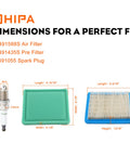 Carburetor And Air Filter Tune Up Kit For Briggs And Stratton Engines 110402 110412 showing filter and spark plug dimensions