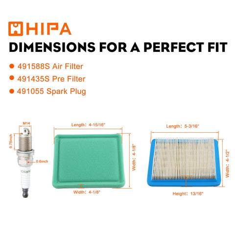 Carburetor And Air Filter Tune Up Kit For Briggs And Stratton Engines 110402 110412 showing filter and spark plug dimensions