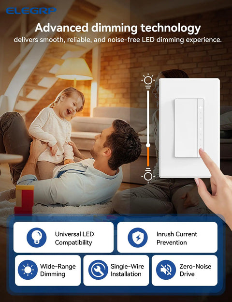 Matte White Led Dimmer Light Switch Featuring Buttery Smooth Fade On Curves And Digital Mcu Engineering To Shield Your Bulbs While Running Single Pole Or 3 Way Lines For A Sleek Tight Electrical Facelift with user adjusting dimming setting.