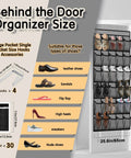 Over The Door Shoe Organizer With 30 Breathable Mesh Pockets, hanging on door, showing storage capacity for various shoes