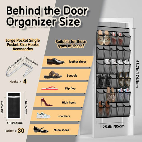 Over The Door Shoe Organizer With 30 Breathable Mesh Pockets, hanging on door, showing storage capacity for various shoes