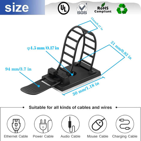 Adjustable Adhesive Cable Management Clips 50Pcs, Large Self Adhesive Cable Clips with dimensions shown, Black