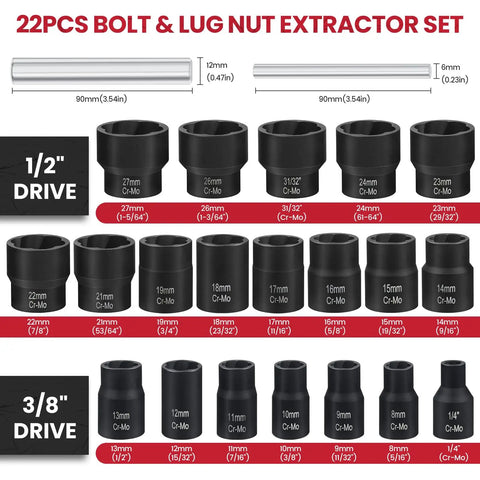22 Piece Bolt Extractor Set With One Half Inch And Three Eighth Inch Drive Easy Out Stripped Lug Nut Remover Kit In Red case