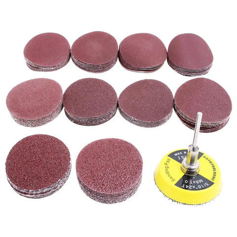 100 Pack 2 Inch Sanding Discs Kit With Polishing Pad Plate, assorted grits 40-400, displayed with polishing pad, for DIYers and pros.