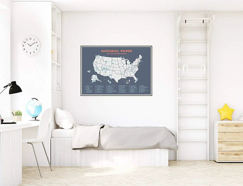 National Parks Map Poster With All 63 U S Parks Updated Edition 24 By 17 Heavyweight Cardstock Travel Wall Art in bedroom setting