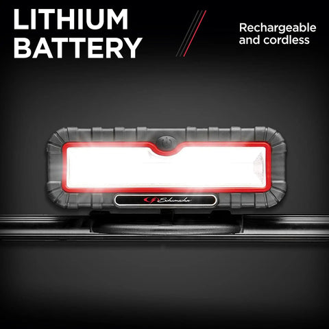 Close-up of rechargeable lithium battery in Portable Under The Hood LED Work Light With Dual 1200 Lumen LEDs, Cordless Design.