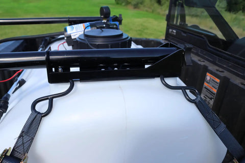 Close-up of 40 Gallon UTV Broadcast Sprayer With 2.2 GPM Diaphragm Pump And 10 Foot Swath Regulated Flow System on a vehicle