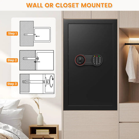 Wall-mounted large home safe box with heavy duty steel construction, combination lock, alarm system, removable shelves
