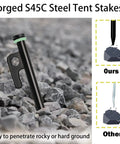 Heavy Duty Tent Stakes Kit With Hammer And Pouch, 12-Pack 10-Inch Forged Steel Stakes For Rocky Ground, close-up of stake in rocks