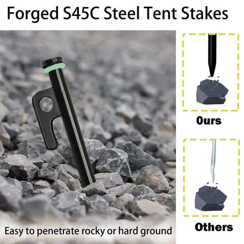 Heavy Duty Tent Stakes Kit With Hammer And Pouch, 12-Pack 10-Inch Forged Steel Stakes For Rocky Ground, close-up of stake in rocks