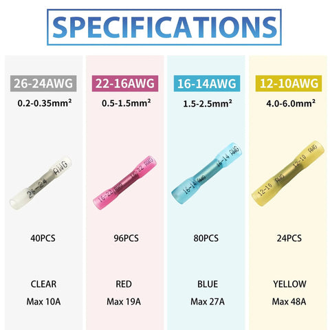 Specification chart for Marine Grade Heat Shrink Butt Connectors Kit For Automotive Wiring Waterproof Splice Crimp Terminals 240Pcs