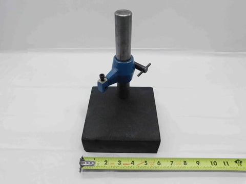Granite Indicator Base And Comparator Stand With A Six By Six By Two Inch Platform And A Seven And A Half Inch Tall Rod For Pro Grade Machinist Metrology In Your Heavy Duty Machine Shop, shown with scale