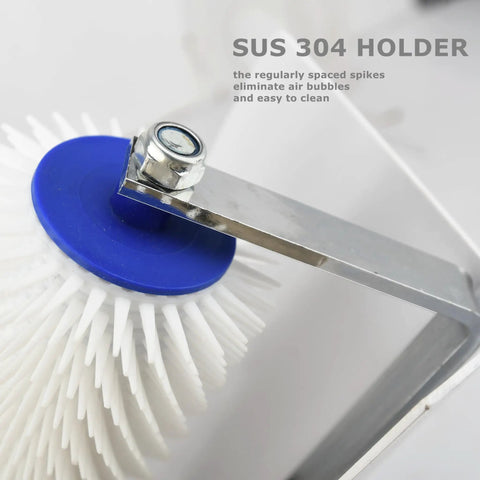 Close-up of self leveling cement tool kit with spike roller for self leveling floors featuring SUS 304 holder and spikes.