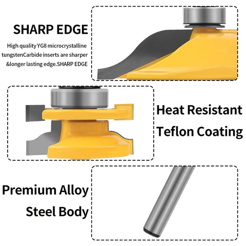 Pro Grade Raised Panel Router Bit Set Three Piece One Quarter Inch Shank Tongue And Groove Cabinet Door Router Bits For Woodworking Pros And DIYers Perfect For Door And Window Joinery Tenon Cutter Diameter One And Five Eighths Inch