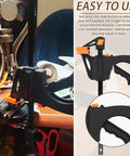 5 Pack 4 Inch One Handed Bar Clamps For Woodworking Quick Change F Clamp Set For Gluing Drilling Sawing And Securing Carpentry And DIY Projects With Soft Jaw Pads To Protect Wood Surfaces. black steel clamp with orange jaw pads, one-handed use