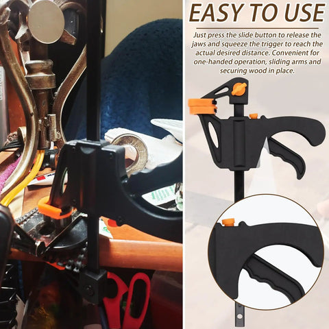 5 Pack 4 Inch One Handed Bar Clamps For Woodworking Quick Change F Clamp Set For Gluing Drilling Sawing And Securing Carpentry And DIY Projects With Soft Jaw Pads To Protect Wood Surfaces. black steel clamp with orange jaw pads, one-handed use