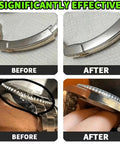 Before and after images showing watch scratch removal using Screen Repair Liquid Restorative Solution For Beginners And Tech Nerds Glass Tablet And Eyewear Scratch Filler For Clear Crisp Displays And Quick Fixes Great For Beginners And Gadget Lovers Quick Fix On The Go.