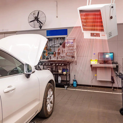Beast 10000W Digital Garage Heater With Remote Control installed on ceiling in a workshop, heating area with overheat protection.