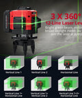 Heavy Duty 12 Line Green Laser Level With Slick Remote Control And Sturdy Triangle Bracket For Instant Self Leveling Up To Ninety Eight Feet with bright green beams.