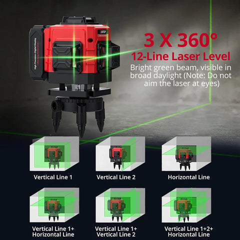Heavy Duty 12 Line Green Laser Level With Slick Remote Control And Sturdy Triangle Bracket For Instant Self Leveling Up To Ninety Eight Feet with bright green beams.