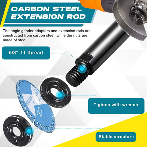 All-in-One Angle Grinder Extension Kit with carbon steel rod, 5/8"-11 thread, and flange nuts shown in blue and black.