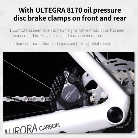 Close-up of rear Ultegra 8170 disc brake on Carbon Siber Road Bike With Ultegra Di2 8170 Wireless Shifting 24 Speed Road Bicycle.