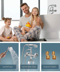 Wall Mount Bathtub Faucet With Handheld Shower Chrome Finish, Double Cross Handle Mixer Tap, family in bathroom