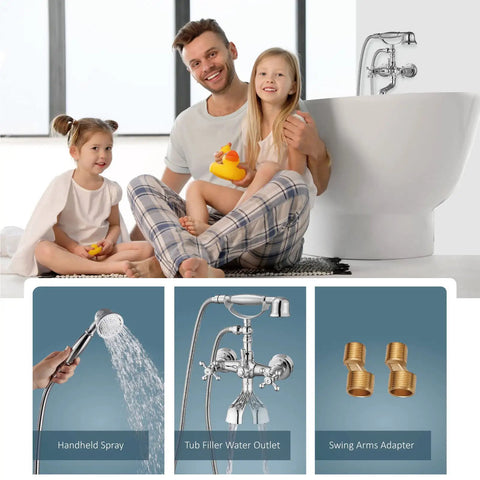 Wall Mount Bathtub Faucet With Handheld Shower Chrome Finish, Double Cross Handle Mixer Tap, family in bathroom
