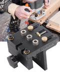 Three In One Woodworking Drilling Guide Kit With Scale Positioning Jig And Anodized Metal for precise hole alignment on wood.