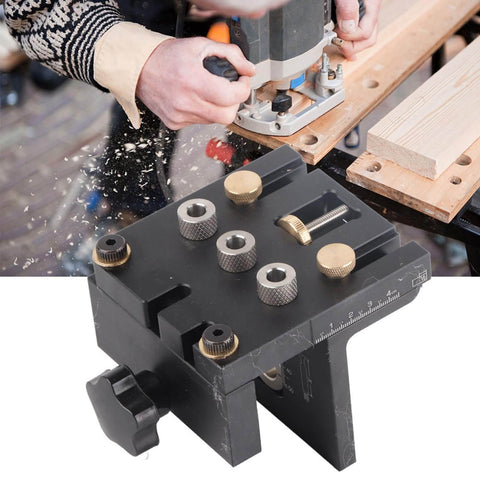 Three In One Woodworking Drilling Guide Kit With Scale Positioning Jig And Anodized Metal for precise hole alignment on wood.