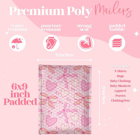 Pro Grade Designer Pink Bubble Mailers 6x9 Pack Of 50 Heavy Duty Waterproof Self Seal Shipping Bags with heart design