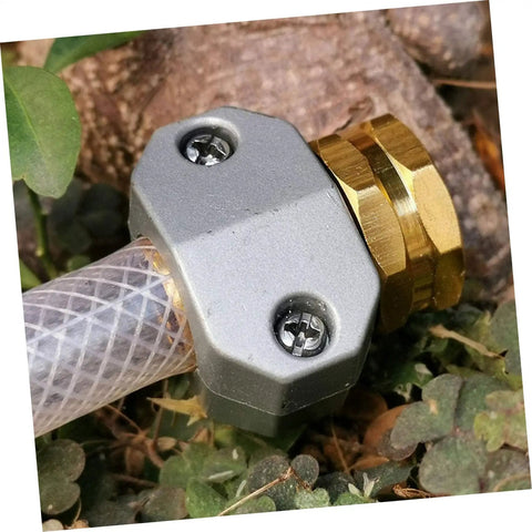 Top Quality Garden Hose Repair Kit featuring 3 Sets Of Durable Aluminum Alloy Connectors That Fight Rust And Stop Leaks For Sturdy Outdoor Water Setup. Flexible brass hose repair connector on clear tubing, gray aluminum clamp and brass fitting.