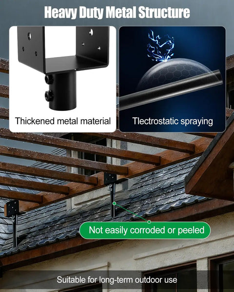 Three Pack 3.6 Inch Pergola Roof Riser Brackets Saddle Style installed on outdoor pergola showing metal construction