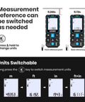 Pro Grade Laser Measure With App Connectivity, 229ft Range 70m showing units switchable and reference point options.