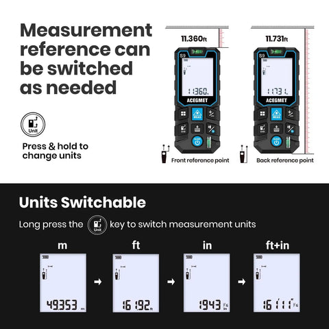 Pro Grade Laser Measure With App Connectivity, 229ft Range 70m showing units switchable and reference point options.