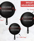 Heavy Duty Cast Iron Skillet Set With Cookbook, 3 Piece Preseasoned Pro Grade Cookware showing 10 inch, 8 inch, 6.25 inch pans