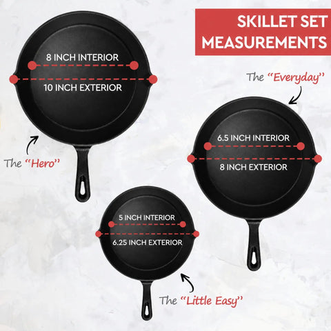 Heavy Duty Cast Iron Skillet Set With Cookbook, 3 Piece Preseasoned Pro Grade Cookware showing 10 inch, 8 inch, 6.25 inch pans